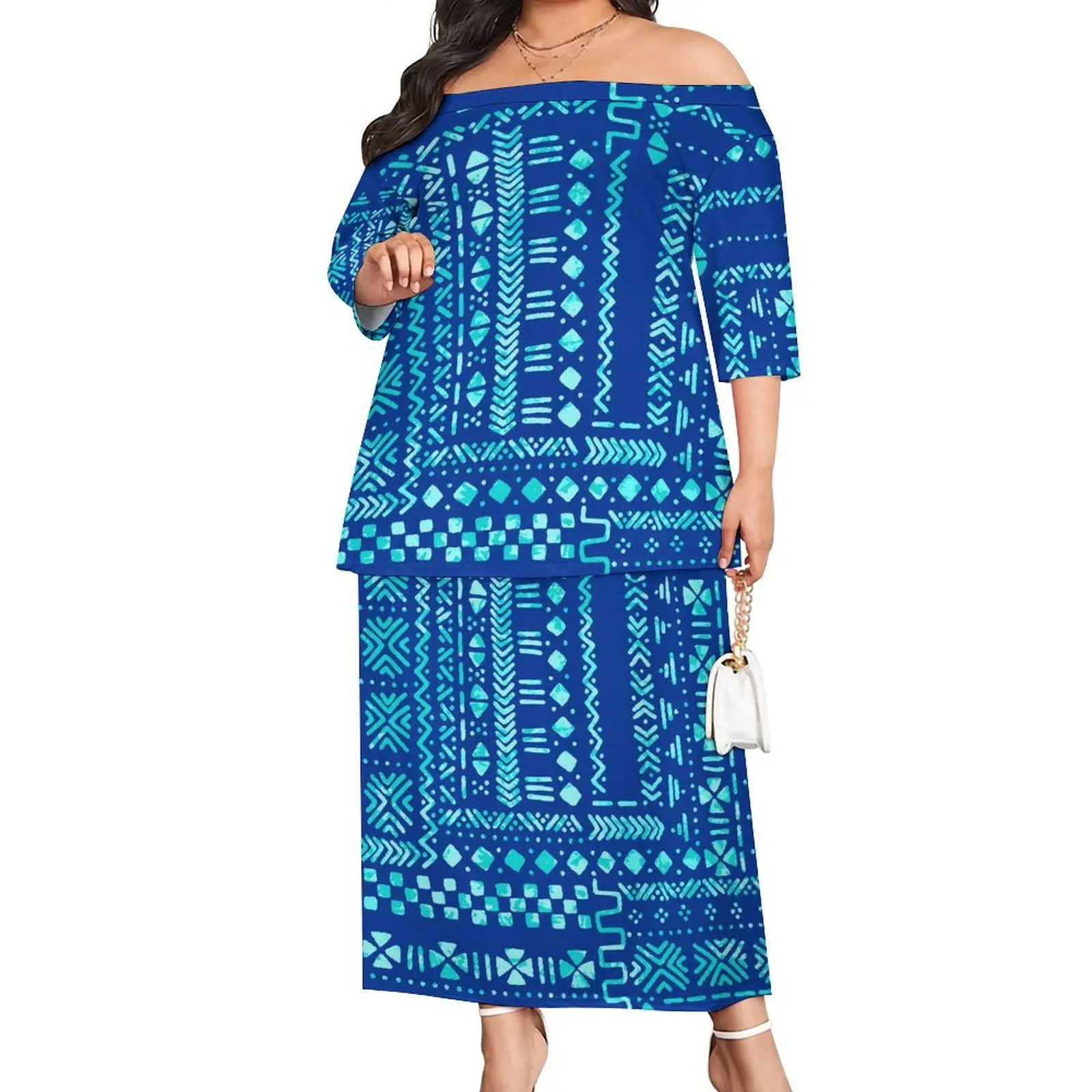 Red Samoa Puletasi Retro Style Women off Shoulder Tops Match Tribal Design Print   Dress Casual Plus Size Puletasi Set