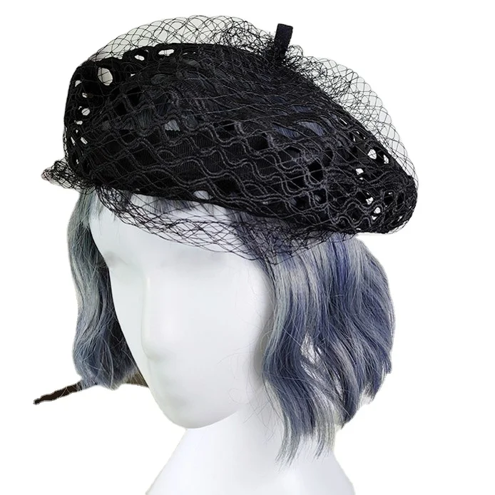 wholesale new fashion women ladies dress mesh veil black polyester jacquard knitted beret hat for women french style
