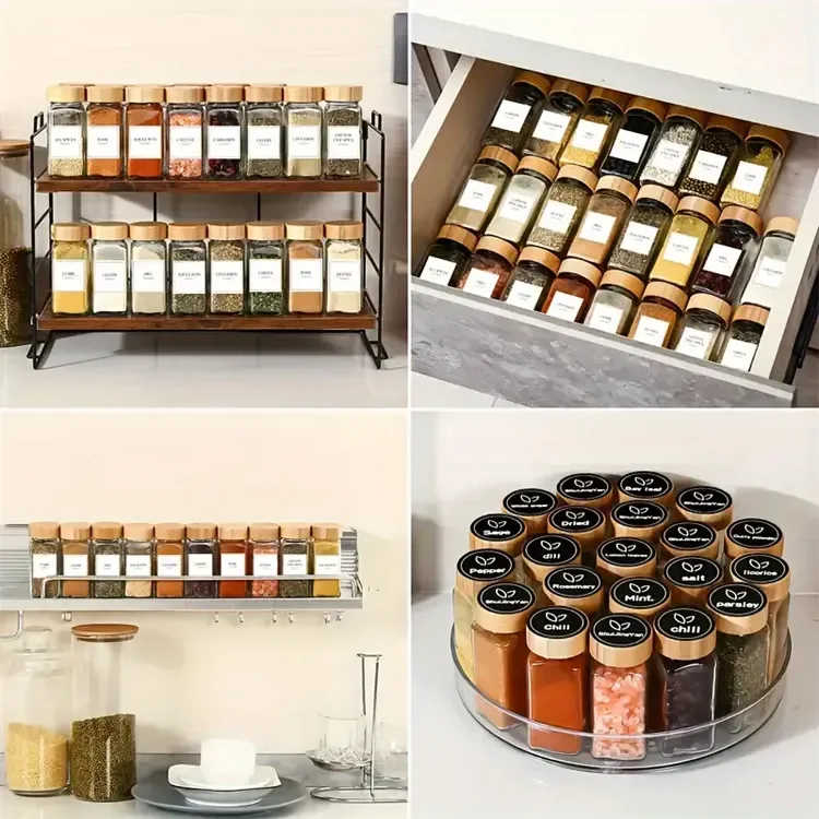 Wholesale 4oz 120ml square glass Spice Jars Seasoning Storage Bottles with bamboo lid and Labels For Spice Rack Cabinet