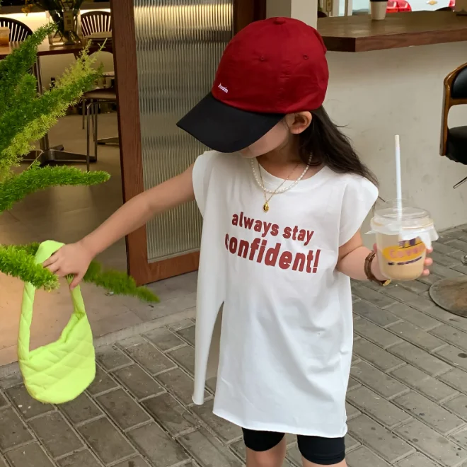 KS0998 Words print fashion toddler and kids girls summer sleeveless top 2022 cotton long slit t shirt