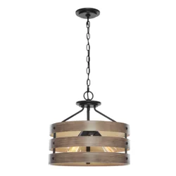 Farmhouse Wood Drum Cage Pendant Light Antique 3-Light Hanging Chandelier Fixture For Living Dining Room Kitchen