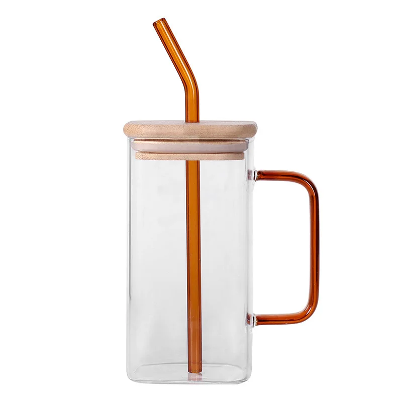 Hot Sale 510ml 17oz Square Glass Drinking Cup with Colorful Handle Bamboo Lid and Glass Straw for Beer Juice Milk-for Parties