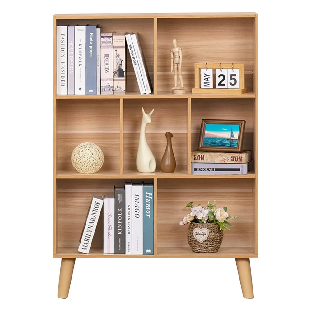 Custom Modern book shelf Design Wooden Display simple bookcase Wood Library 7 Shelf Bookcase