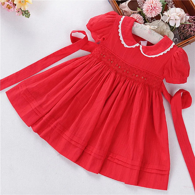 B38543 kids smocked dresses for girls clothes red handmade  summer fashion boutiques children outfit wholesale
