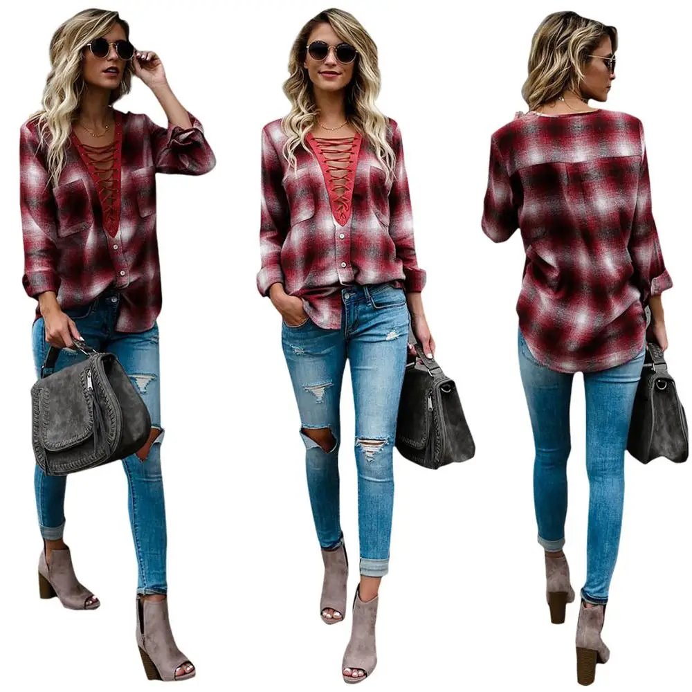 
Latest New Fashion Women Casual spring sexy deep V neck strap plaid long sleeved T shirt tops ladies blouses 