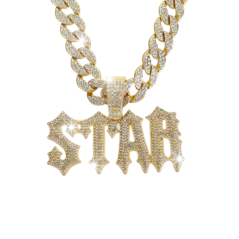 Mens Cuban Link Chain STAR Letter Pendant Necklace Silver Gold Plated Bling Iced Out Chain