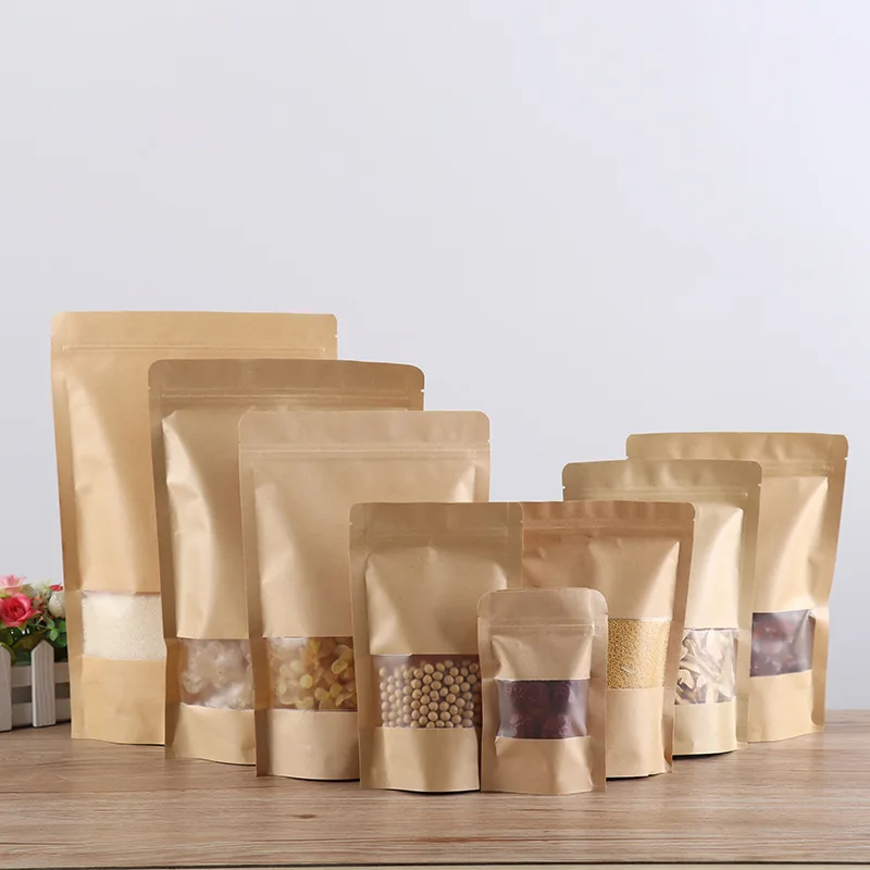 
In Stock Recycle Environmental Square Bottom Bag Food Grade Craft Paper Bag With Window Zipper Closure 