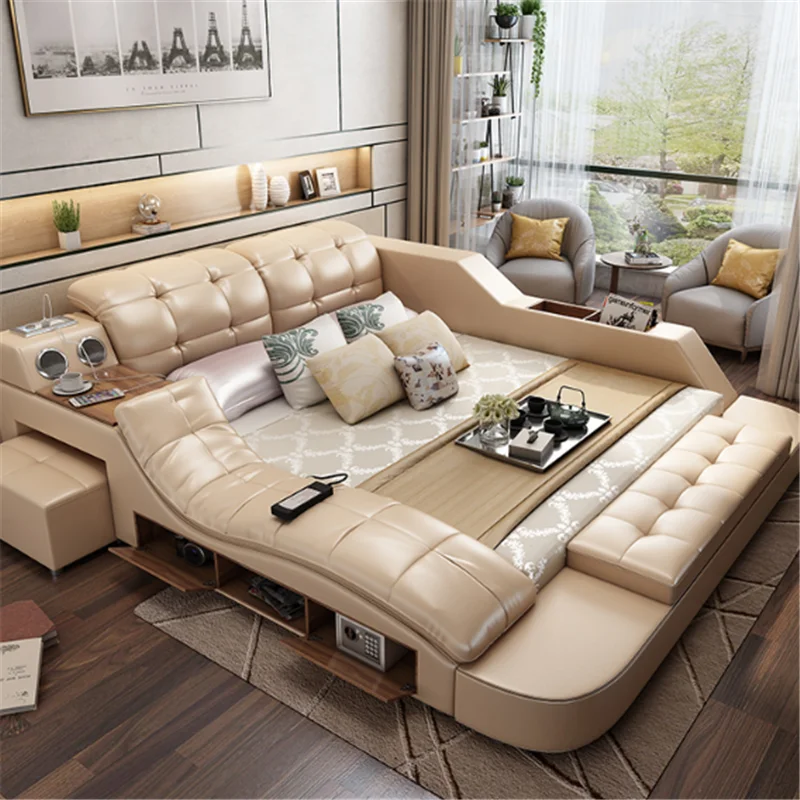 All Colors King Size Queen Size Genuine Leather Massage Bed Set Bedroom Beds with Led Light & Audio