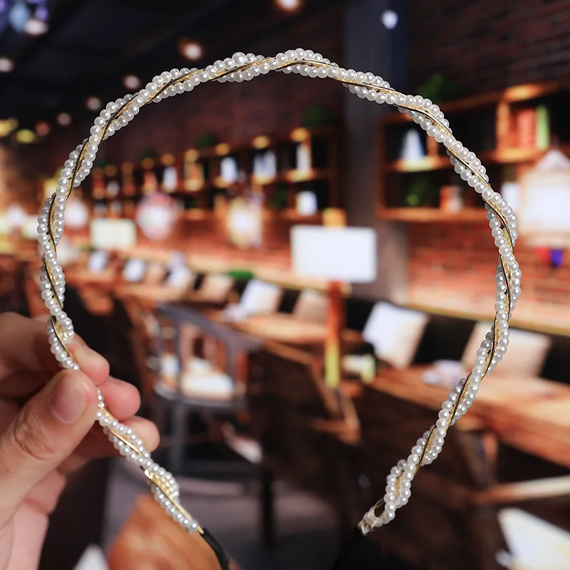 Bridal hair accessories female hand woven knotted pearl hair hoop beaded headdress bow knot crown hoop