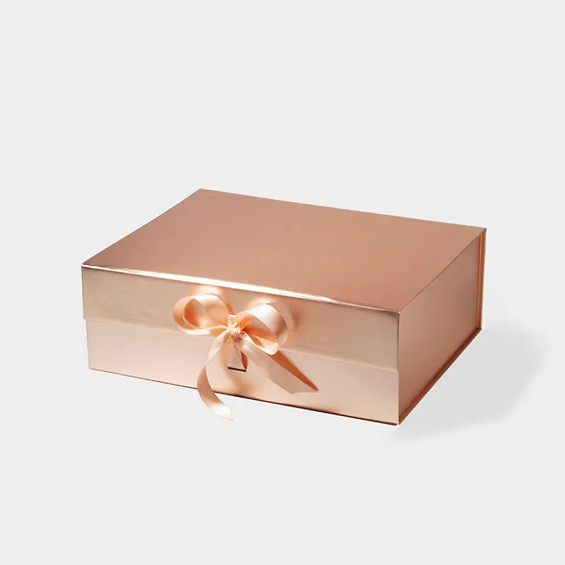 Custom anti-scratch matte lamination flat fold magnetic closure lid rose gold gift mailer box with ribbon