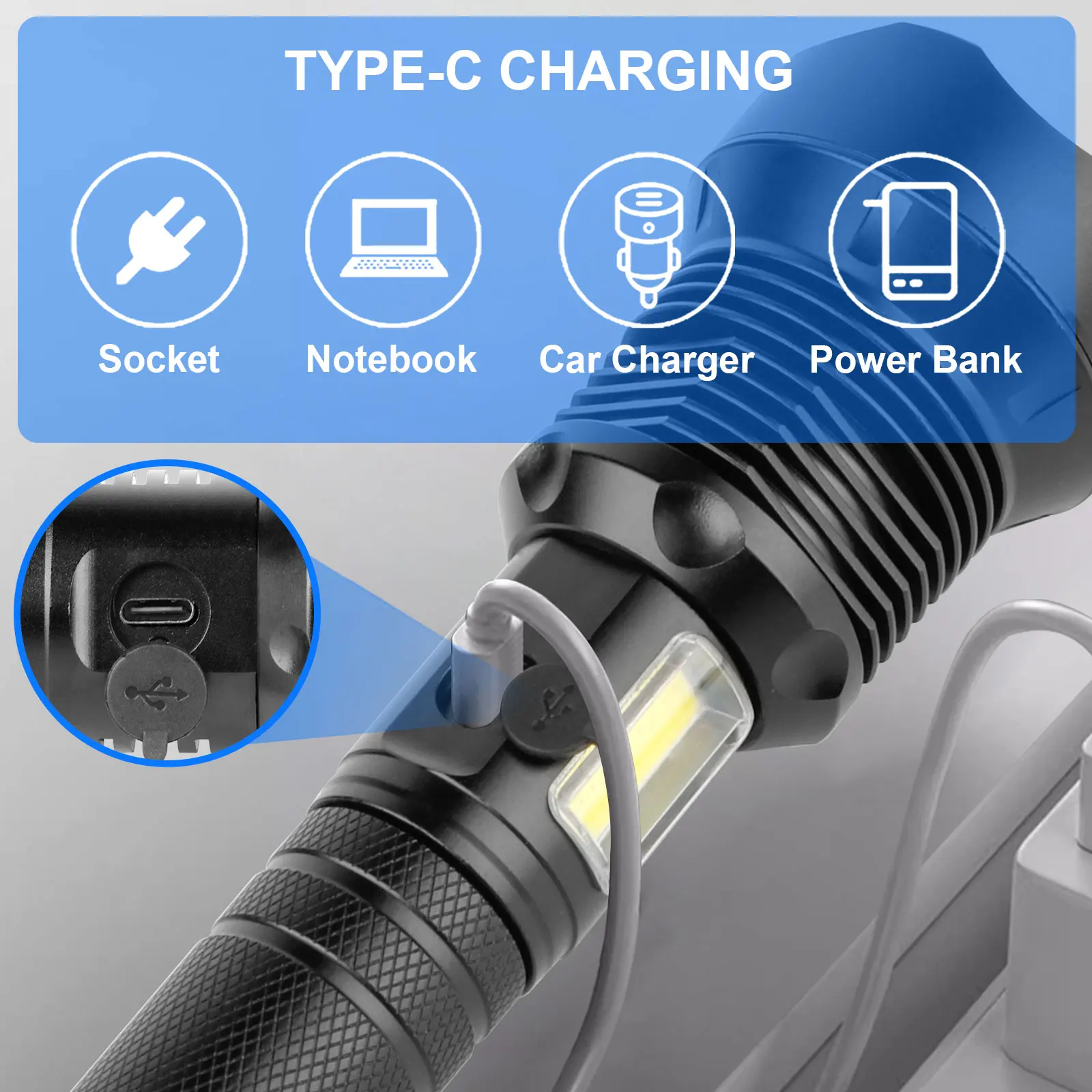 XHP90 LED USB Rechargeable Flashlight High power Waterproof LED USB C Torch Light Zoomable Lamp for camping Side COB Lights