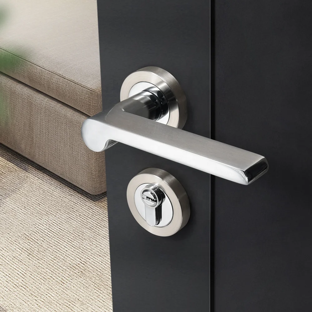 Yonfia A8226R57 solid brushed nickel aluminium interior door handle lock set bathroom bedroom door handles for wood door