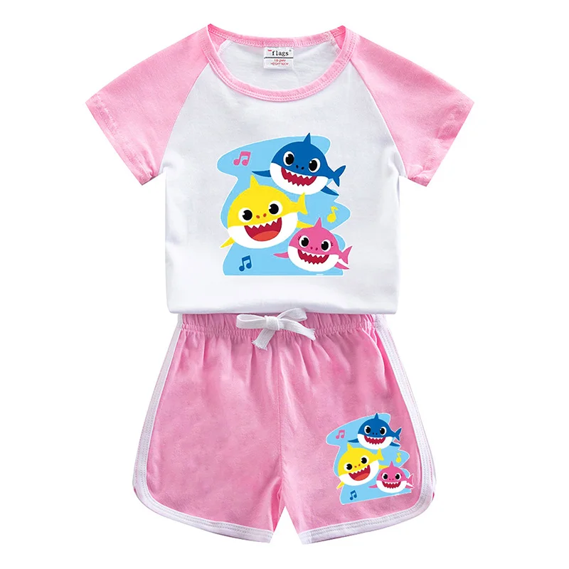 Children Summer Clothes Casual Sports Suit for Kids Pure Cotton Short Raglan Sleeves Cartoon Pattern Baby Home Clothes Sets