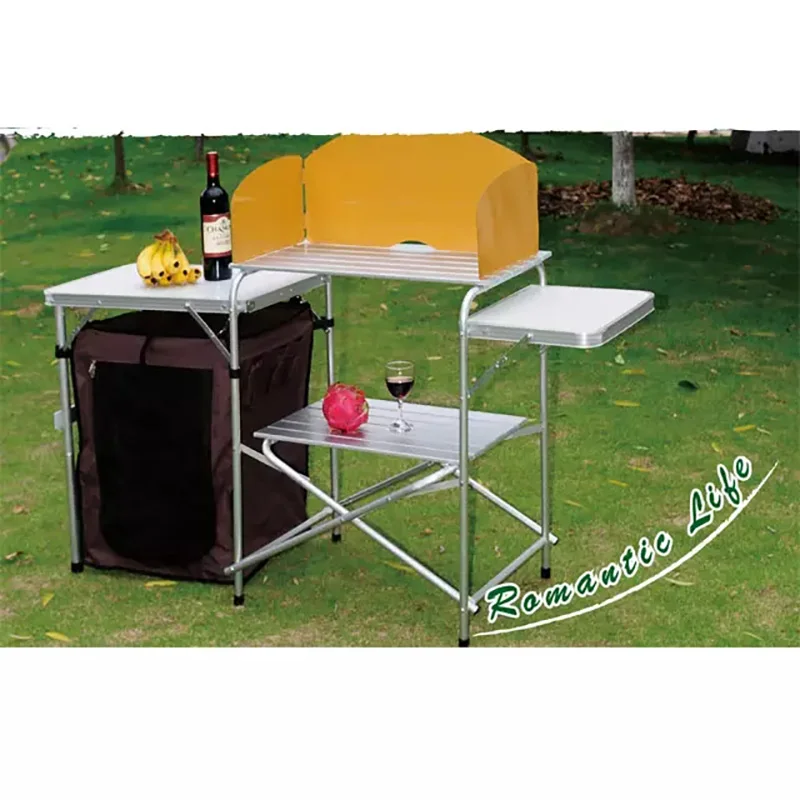 Folding Cooking Table Outdoor Portable Aluminum Camping Kitchen with Storage Organizer Windscreen Hook for BBQ Party