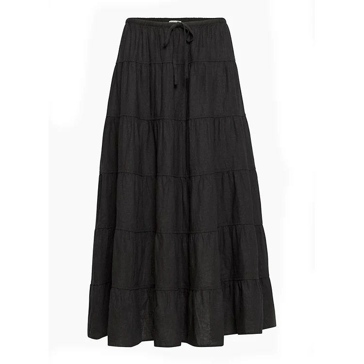 Linen Maxi Black Skirt Custom Women Bandage Design A-line Pleated Linen Women Skirts