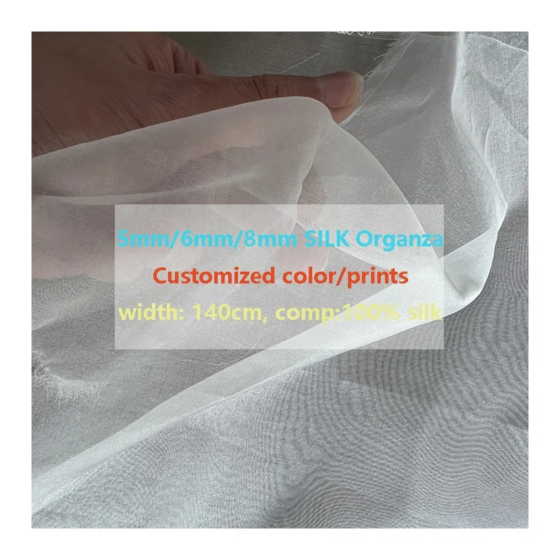 5/6/8mm 100% pure raw silk organza fabric for garment and wedding dress width 140cm, provide dye color and digital print service