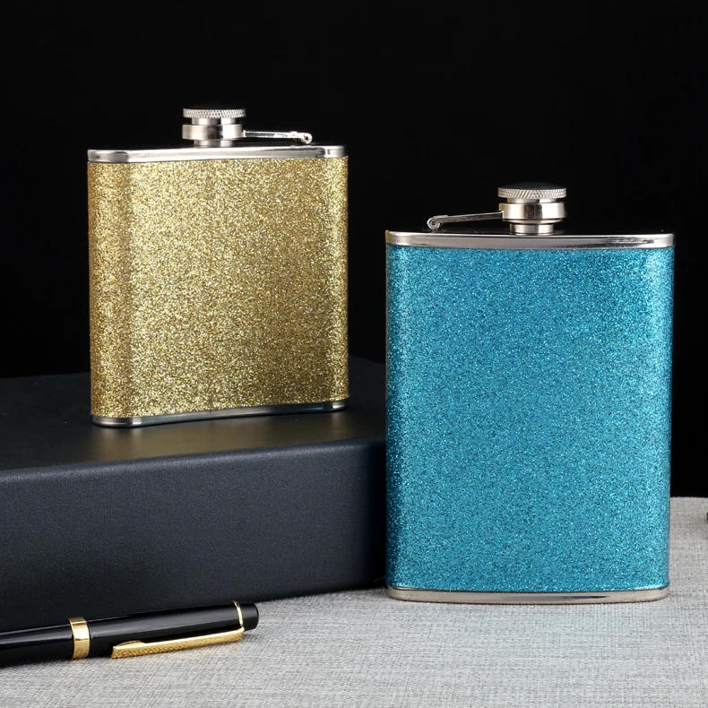 OEM Wedding gifts for guests stainless steel shiny leather hip flask flagon glitter flasks liquor