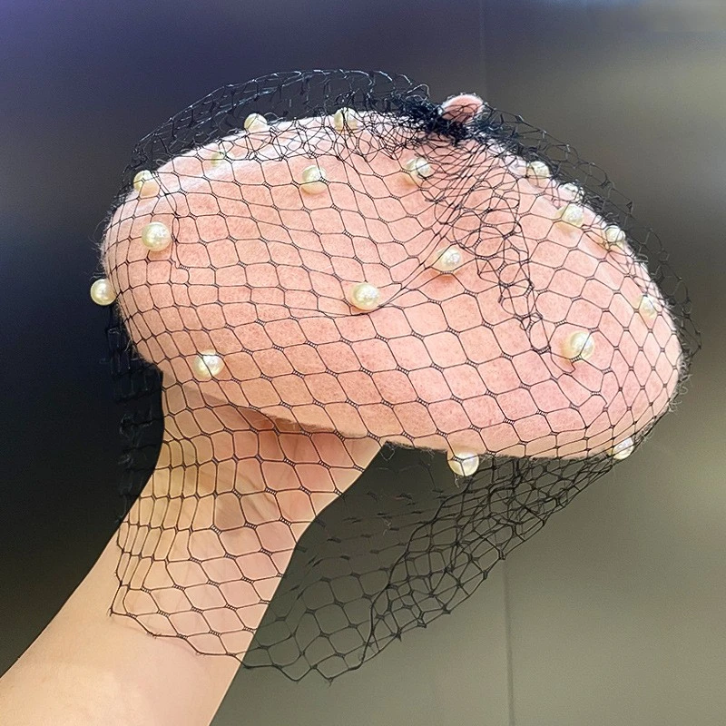 Korean Elegant Woolen Pearl Mesh Beret Women Autumn Winter British Vintage Plush Painter Pumpkin Beret Hat