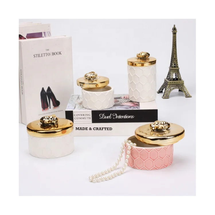 MoyaMiya dainty White Porcelain Container display with Golden Bee Lid deer plate Ceramics china jewelry box