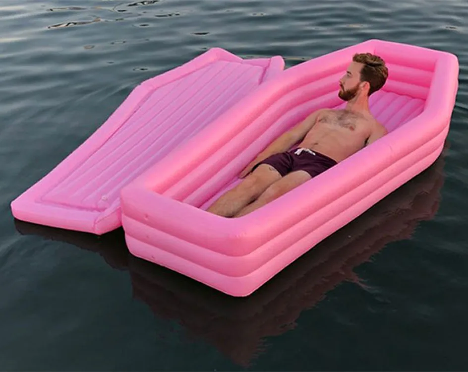Cross Border New Inflatable Pink Coffin Floating Row Pompom Coffin Floating Bed for Water Party Lid Floating Row Ride-Ons