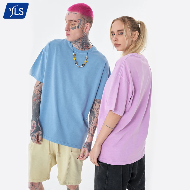 YLS Streetwear Unisex Vintage 250gsm Cotton Acid Washed Blank T Shirt Oversized Tshirts With Logo Custom Reflective Logo Printed