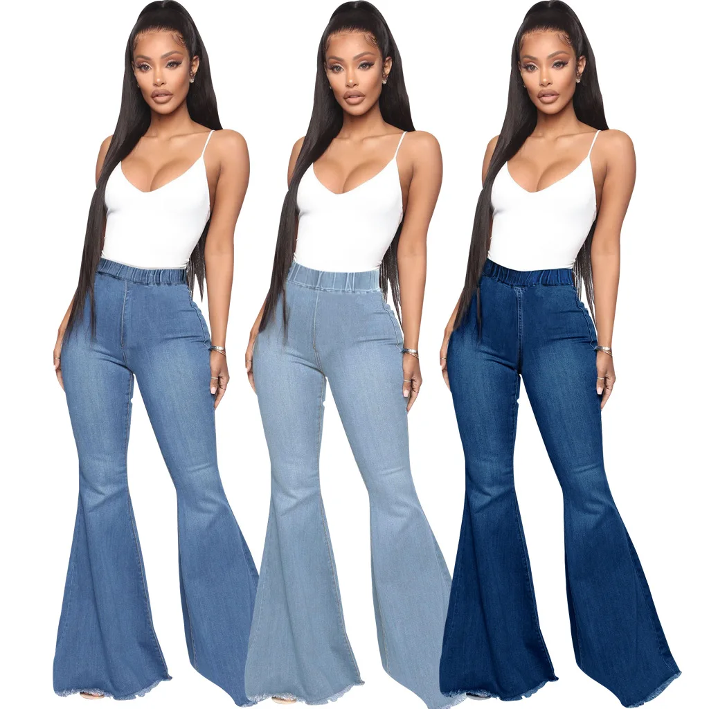 KHS European and American fashion large size slim stretch denim elastic waist flared pants