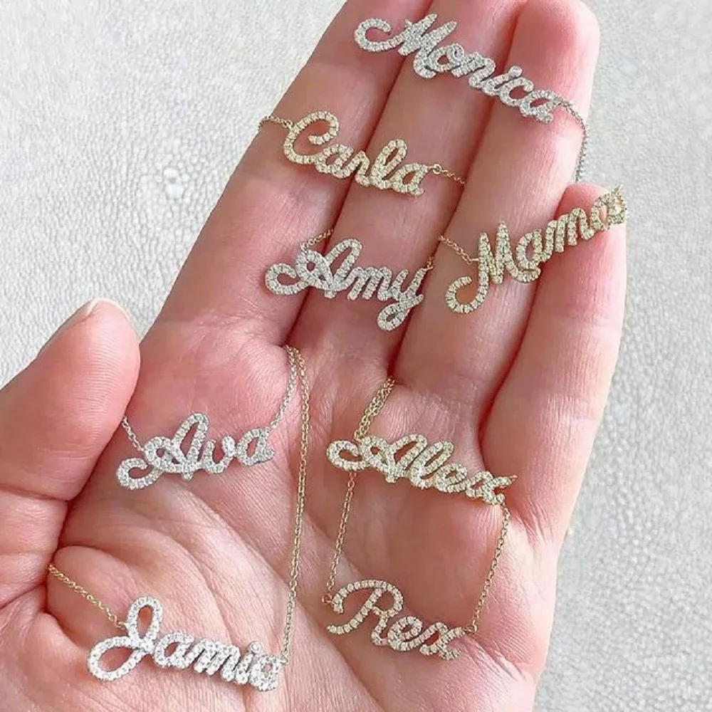 Comlor OEM Brass Any Name Zircon Crystal Iced Out Letters Custom Personalized Diamond Name Necklace