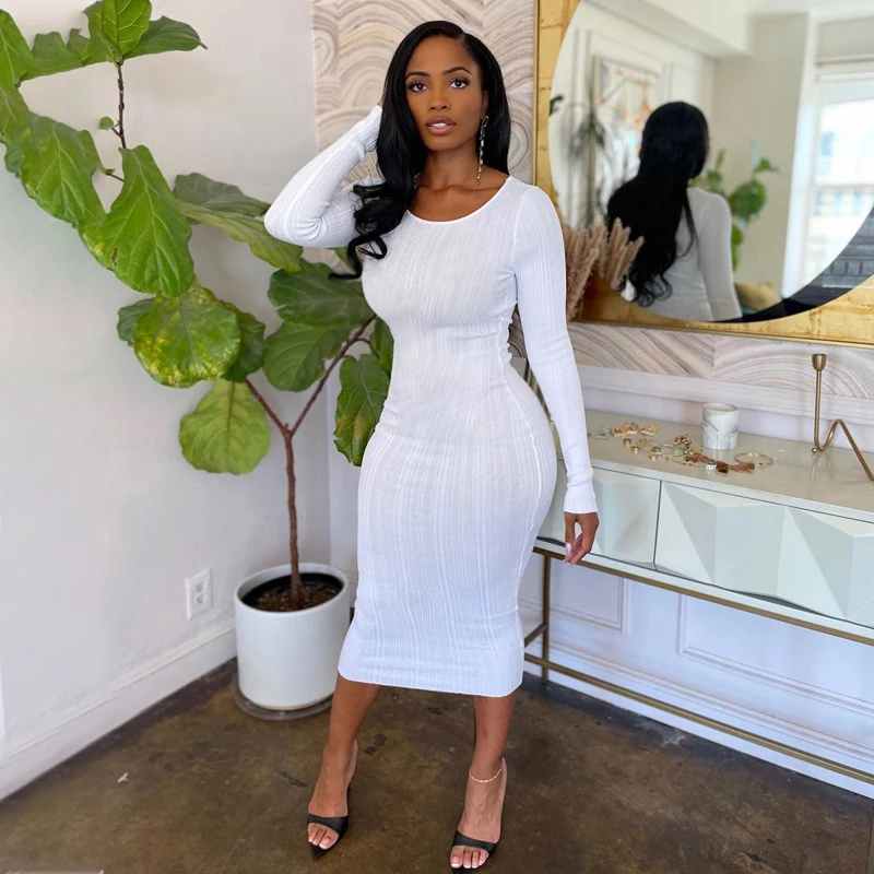 Lagerfe Knitting Ribbed O Neck Midi Dress Long Sleeve Bodycon Fashion Casual Elegant Apparel 2021 Winter Fall Wholesale Clothes