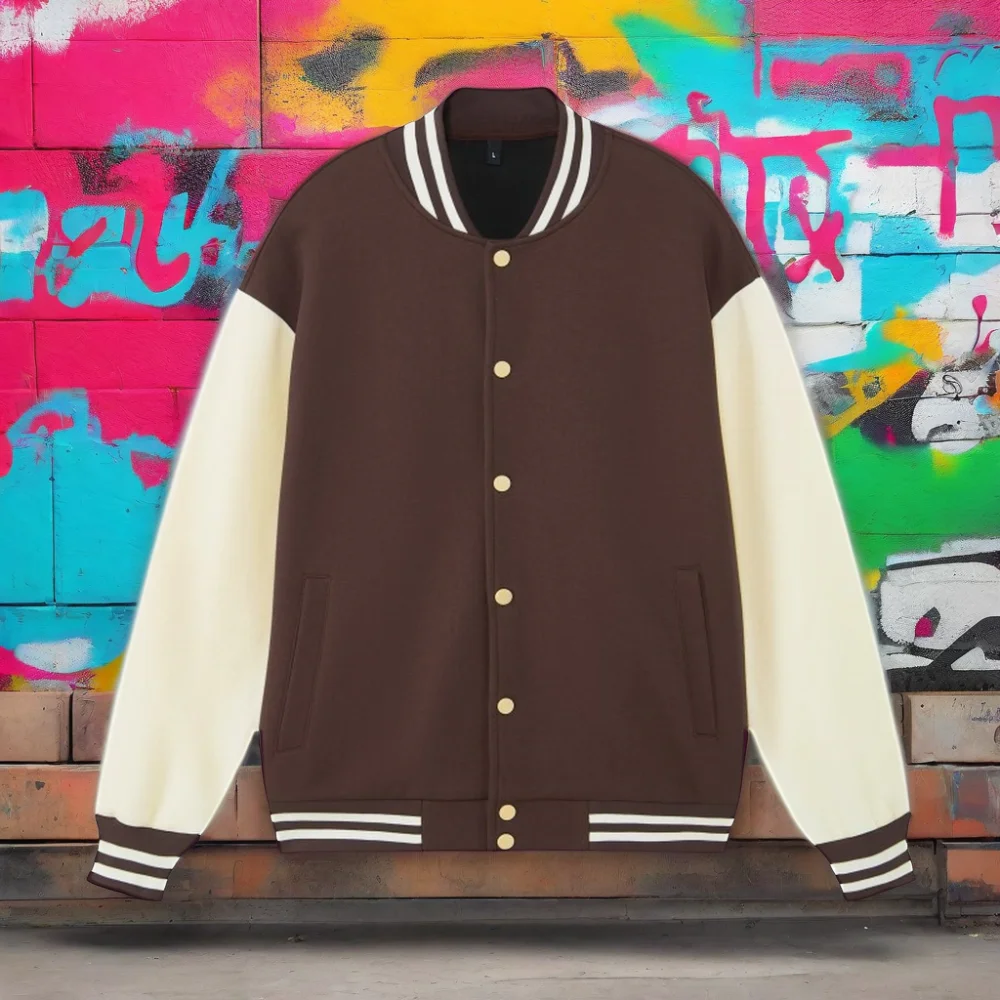 Wholesale 330GSM Contrast Color Cotton Baseball Jacket Button Letterman Hoodie with Embroidery & Print Size XS-Black Fabric