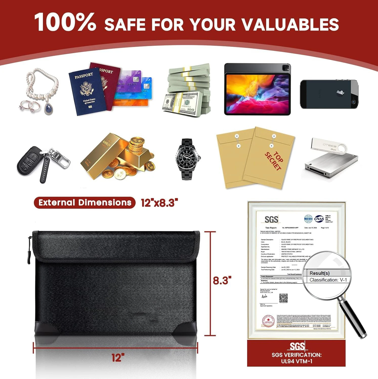 8 slots heat-insulated  Fireproof document bag 30X21 cm zippered important documents and valuables storage bag