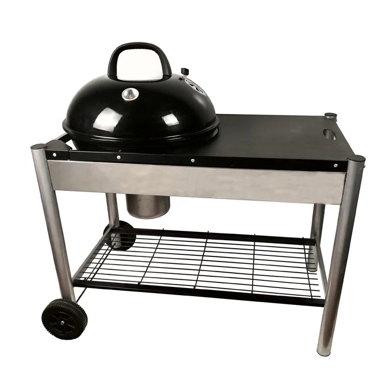 Combination Grill Table And Large BBQ Kettle Grill With Trolley Thermometer