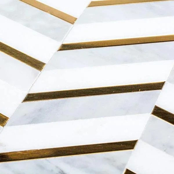 White jeffrey court marble tile classic flooring brass tiles inlay with stripes stone mosaic