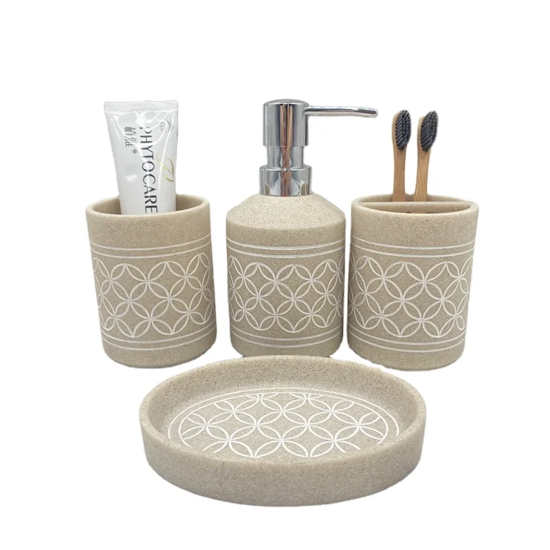 Popular Sandstone Resin Bathroom Accessories 4 Pieces Set For Home  and Hotel