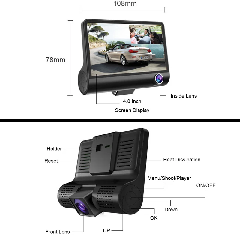 4 Inch car dash cam Full HD 1080p Vehicle Traveling Date Recorder with 3 Camera lens Tachograph