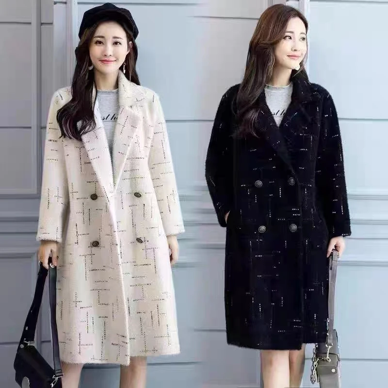 High quality mink fleece mid-length button-up jacket for women Korean version of fashion plus size overcoat loose jacket