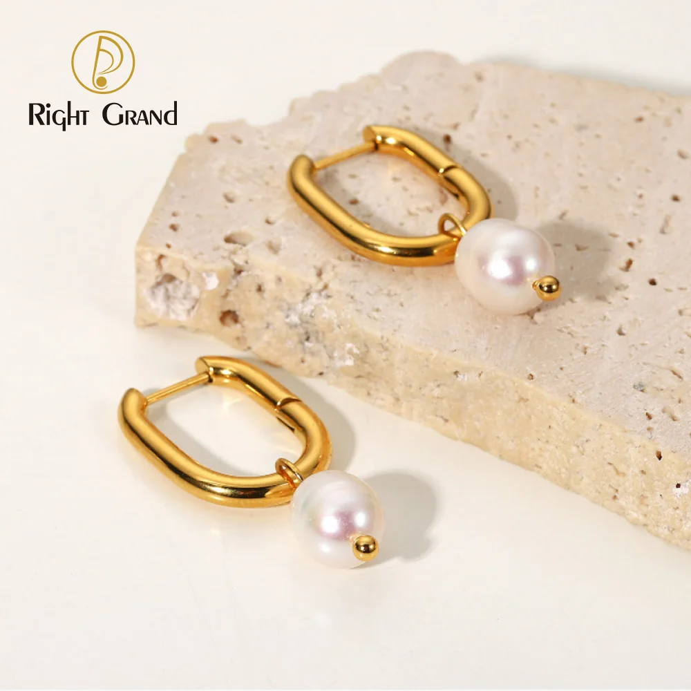 Fashion Boho Freshwater Pearl Drop Earrings Wedding Jewelry Stainless Steel 18K Gold White Pearl Hoop Earring