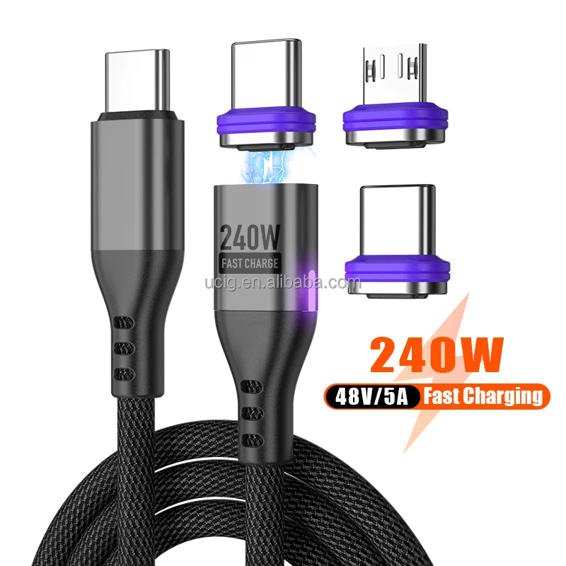 48V 5A PD 240W Шнур для быстрой зарядки 3 в 1 Магнитный USB-C кабель для iPhone Huawei Xiaomi Samsung и ноутбука