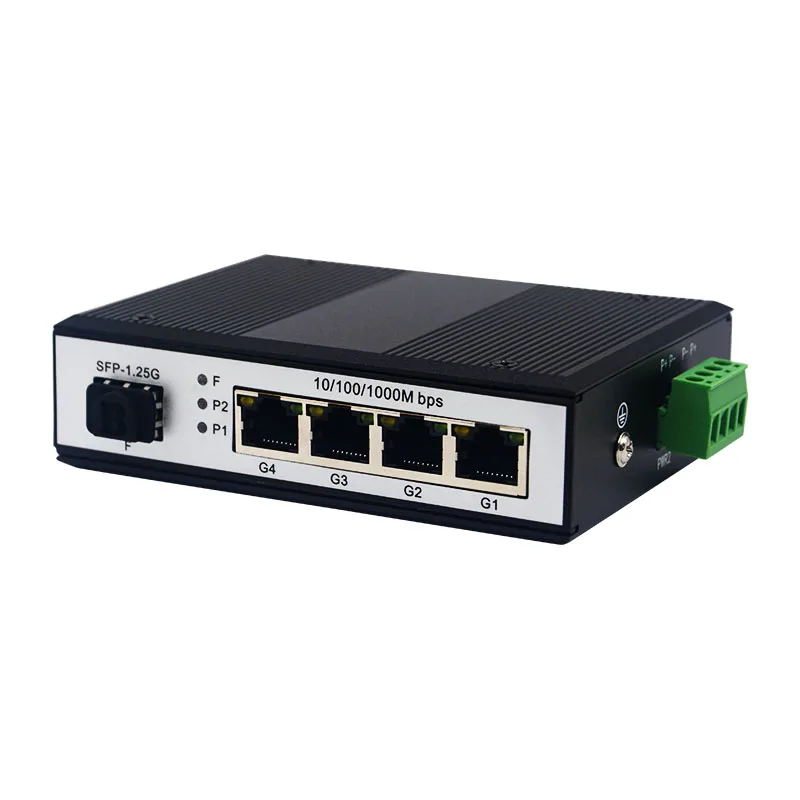 Industrial SFP To RJ45 Ethernet Media Converter 10/100/1000Mbps 4 Network Port 1 SFP Slot Din-rail Optical Fiber Transceiver