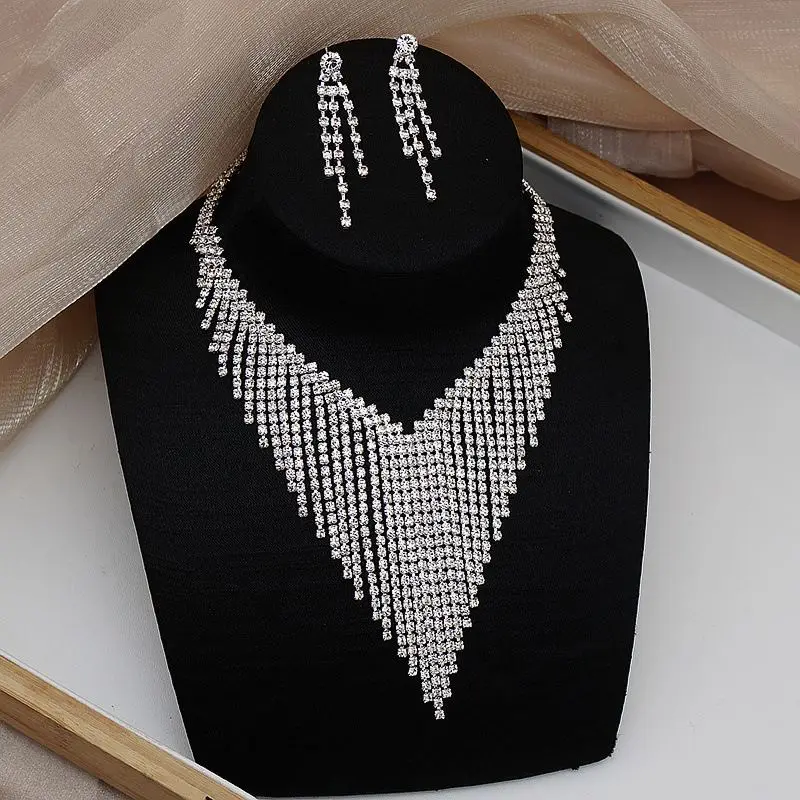 Wholesale Fashion Elegant Ladies Jewelry Full Rhinestone Tassel Collar Bone Necklace Earring Set