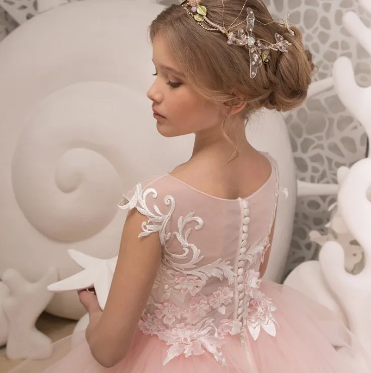 High Quality Pink Little Girls Dresses Lace Appliqued Top Tulle Flower Girls Dresses Gowns For wedding birthday age 2-13