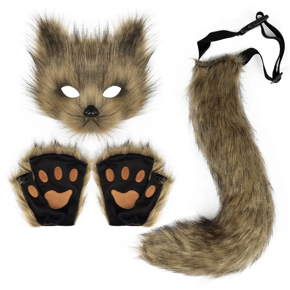 CM251 Luxury Faux Fur Fox Cat Mask Tail and Gloves Costume for Women Girls Halloween Party Wolf Cosplay