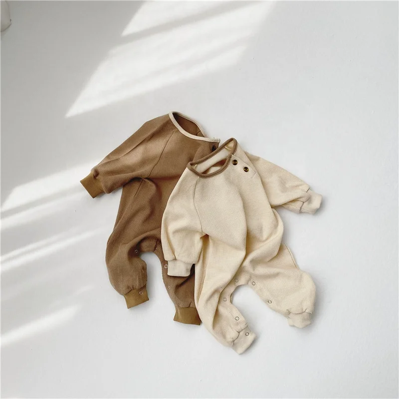 Spring Korean infant waffle comfortable simple one-piece jumpsuits baby boys and girls  long sleeves clothes