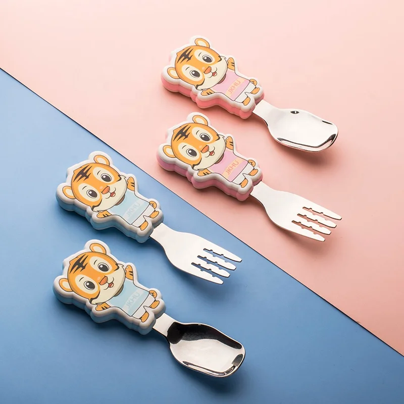 New cute animal customized food eating training children stainless 304 steel kids baby spoon and fork set pre for child