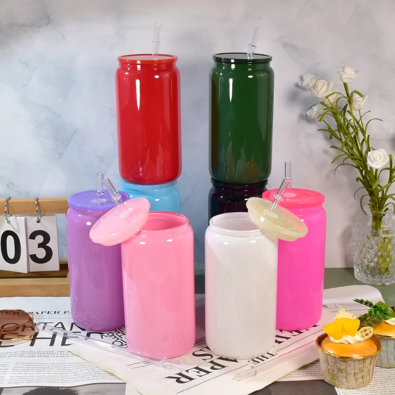Wholesale 16oz sublimation colored glass can with colored plastic lids and plastic straw for UV DTF wraps