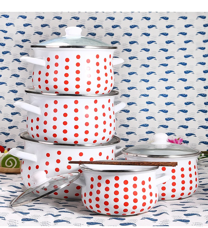 2022 Wholesale kitchenware products enamel 5-pcs pots enamel casserole white with red dot