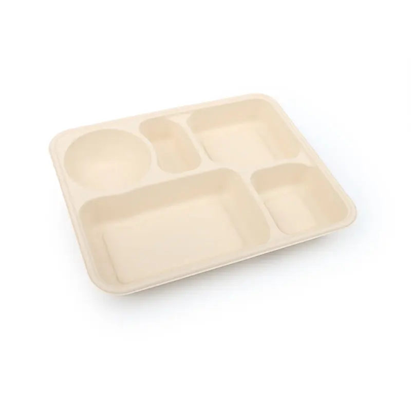 No pfas take away food box for school biodegradable food container 1250ml 5 compartment bamboo pulp lunch plate with lid