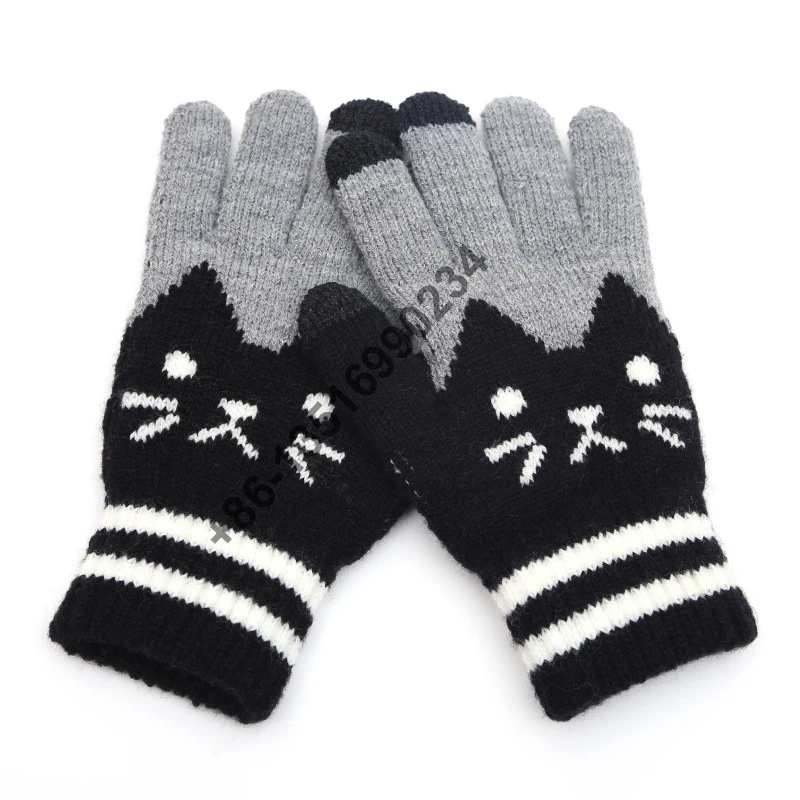 Popular pet cat dog design gloves cashmere brushed knitted racking pattern gloves lady acrylic jacquard touch screen gloves