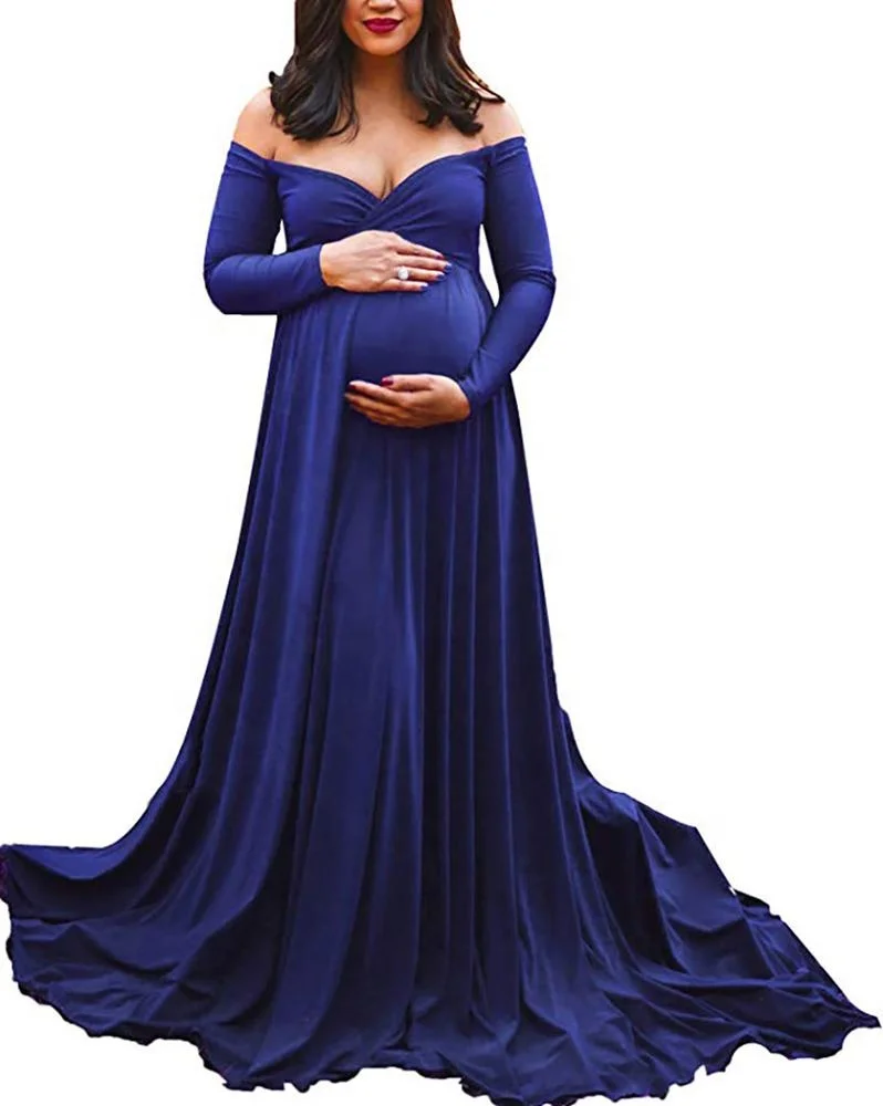 Женское кружевное платье для беременных с открытыми плечами и длинным рукавом