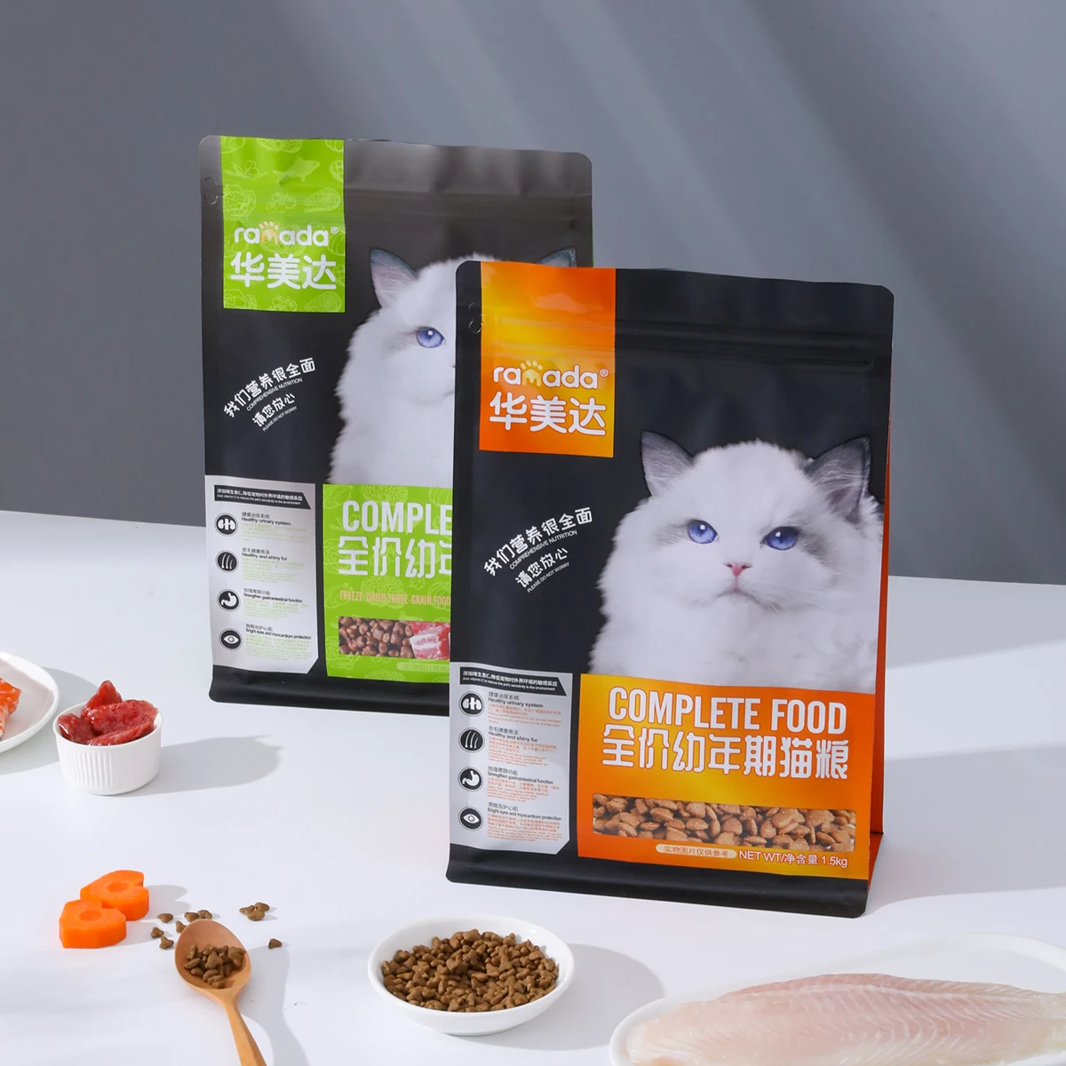 Moisture-proof zipper lock aluminum heat sealed resealable flat bottom packaging bag for cat dog pet  food snack treat