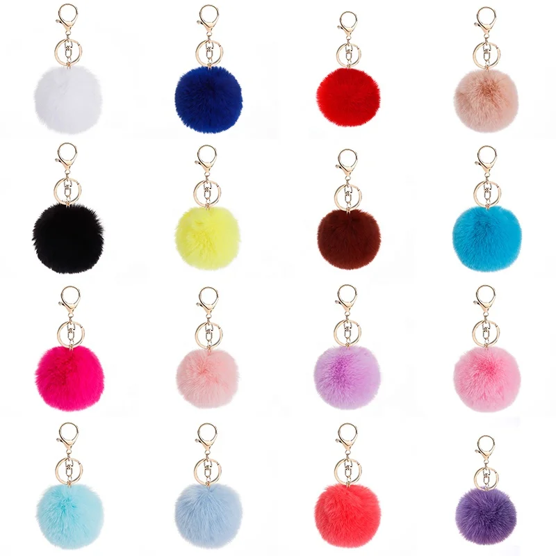 Furry Puff Ball Faux Rabbit Pink Fur Ball Pom Pom Keychain For Women And Girls